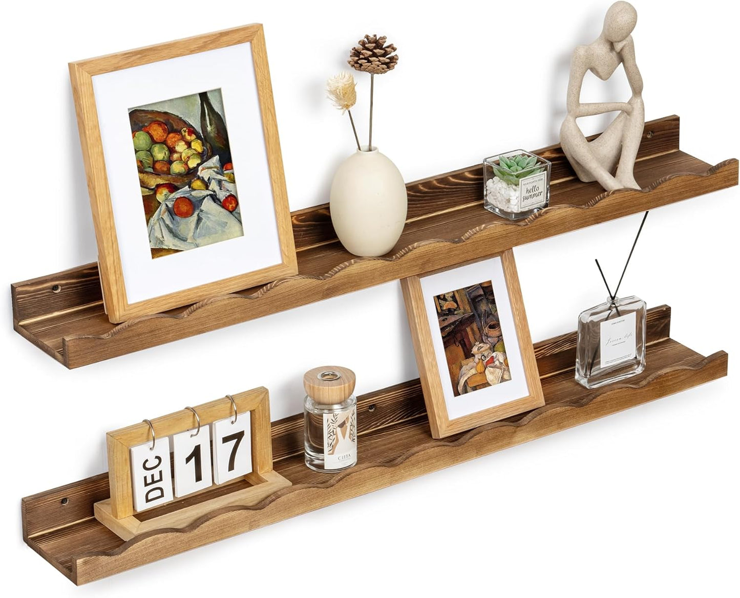 Fun Memories Picture Ledge Shelf for Wall, 36 inch Pine Wood Nursery Book Shelves Set of 2- Wall Book Shelves for Kids Room, Home Decor - Kitchen Spice-Carbonized