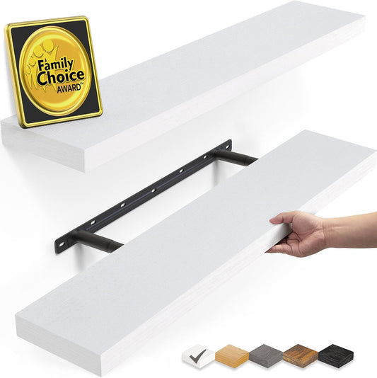 BAYKA Floating Shelves Set of 2, 22.5" Rustic Wood Wall Mounted Shelves for Bathroom, Bedroom, Living Room, Kitchen & Office, Hanging Display Shelf with 22 lbs Capacity (White)