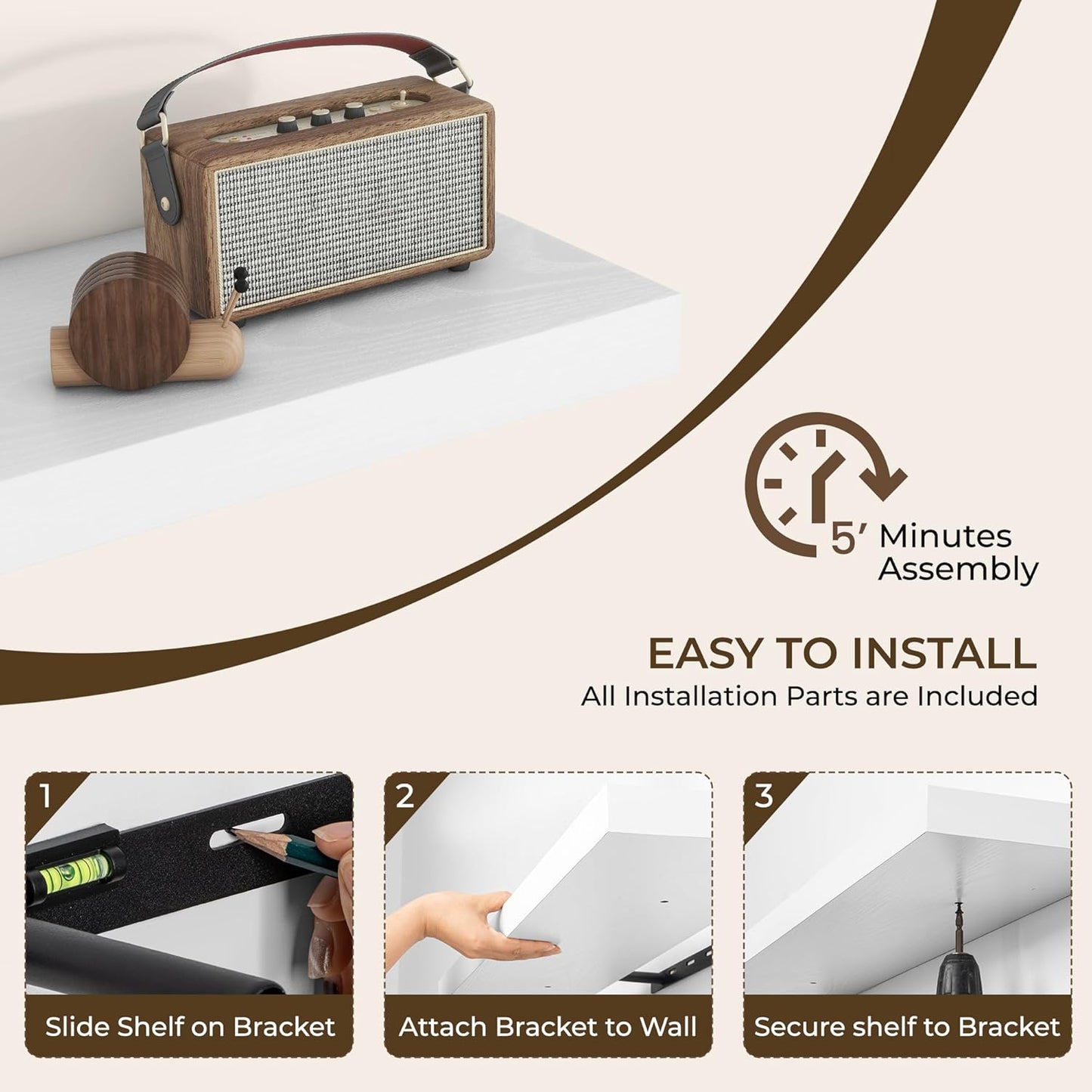 RICHFOCUS 36Inch Floating Shelves for Wall 2 Pack Shelves for Bedroom|Kitchen|Bathroom Wall Mounted Rustic Wood Floating Shelf with Invisible Brackets for Books|Storage|Decor, White