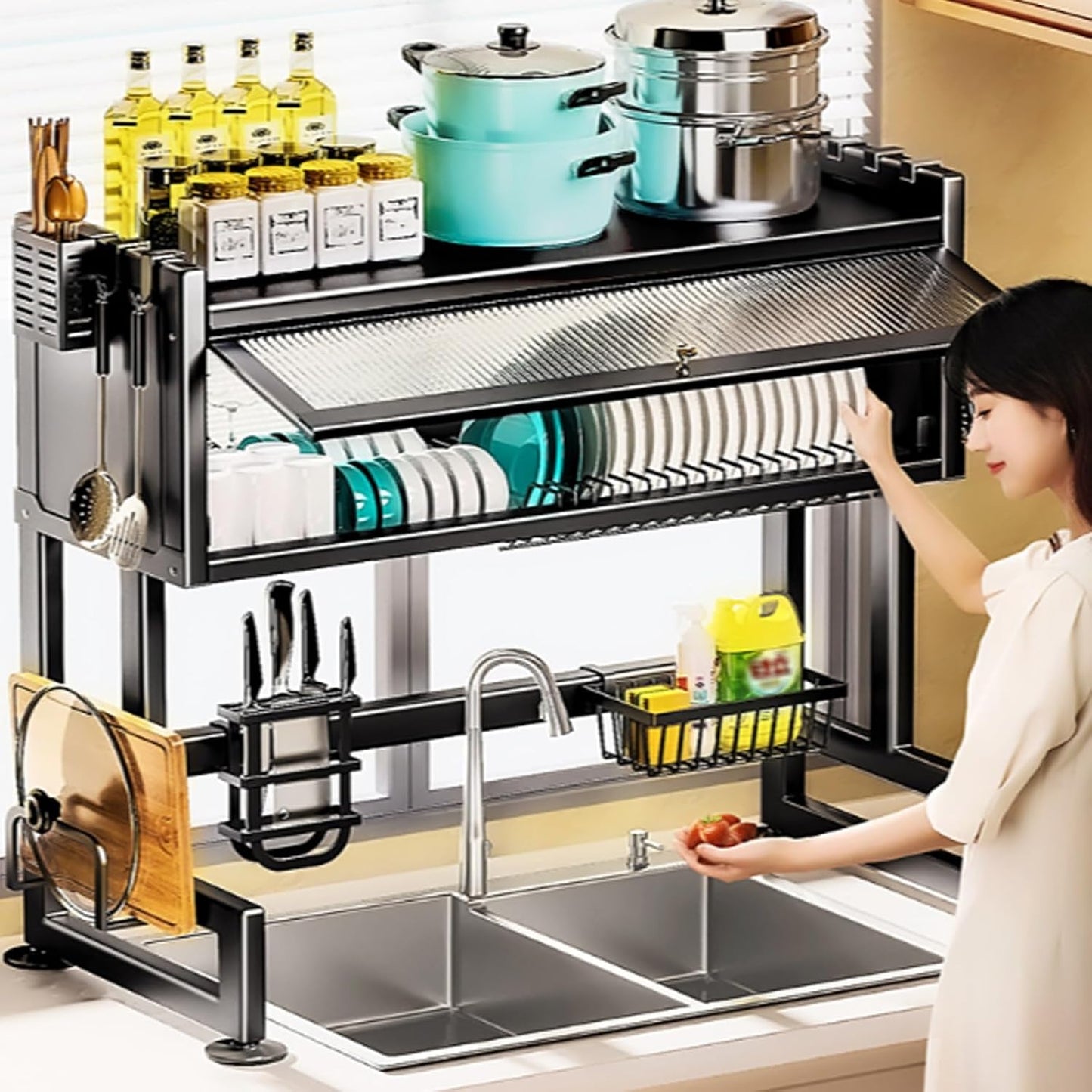 Home Furnishing Over The Sink Dish Drainer Drying Rack 3 Tier Over Sink Dish Rack for,oversink Dish Dry Rack,Space Saving Dish Drying Rack,Kitchen Sink Organizer countertop(Black,65cm/25.6in)