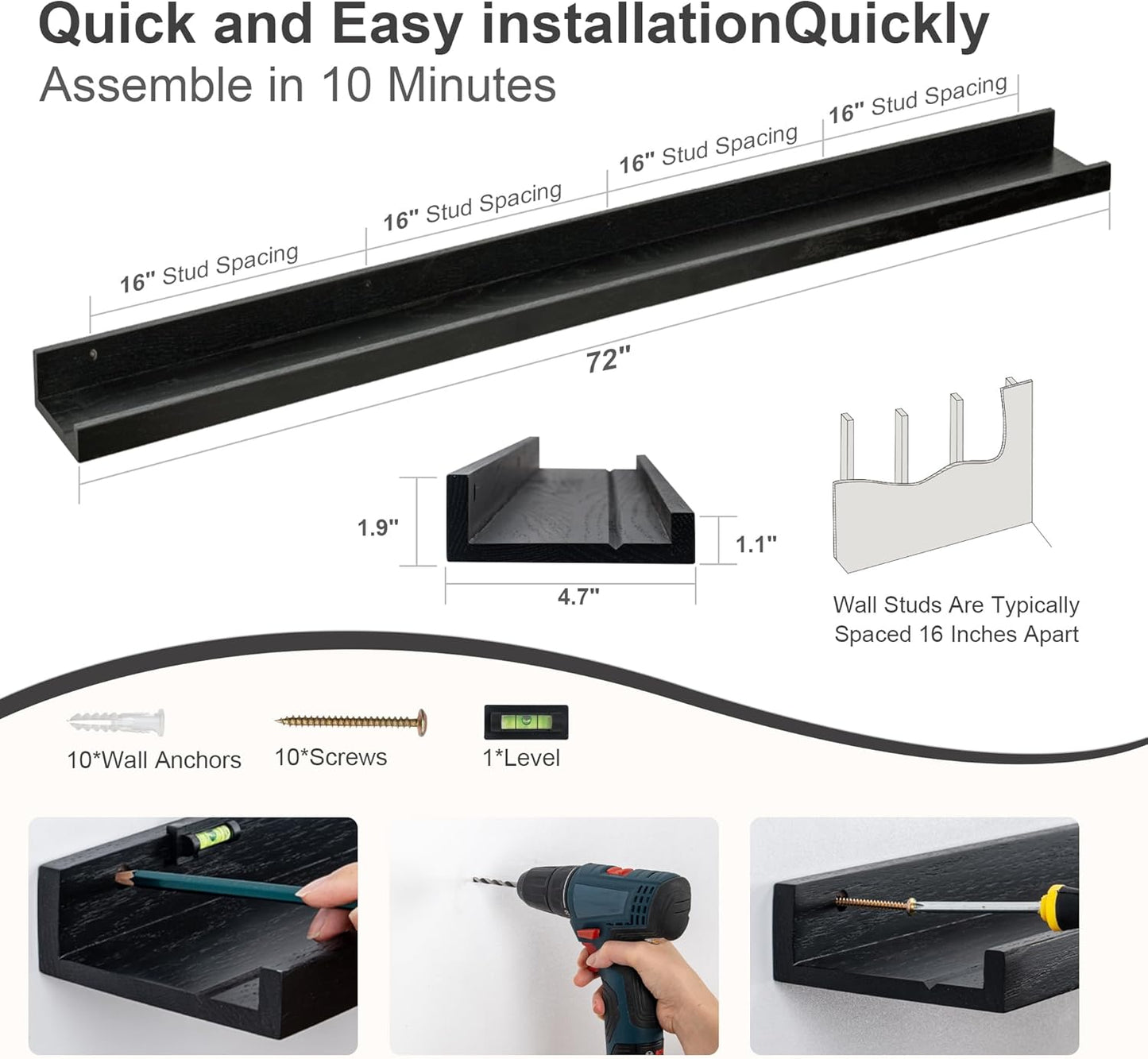 Floating Picture Ledge Shelves 72 Inch Solid Oak Wood Set of 2, Rustic Wall Storage Shelves with Lip, Kids Bookshelf, Photo & Picture Ledge Shelves for Bedroom, Living Room, Kitchen