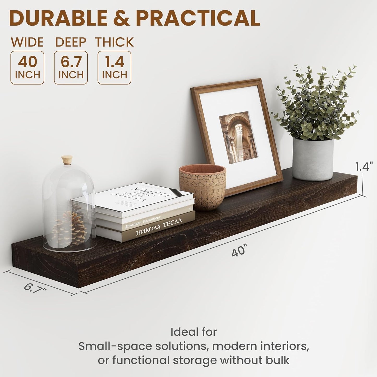 40 Inch Floating Shelves for Wall, Rustic Elm Wood Shelf for Home Decor, Heavy-Duty Wooden Floating Shelves for Kitchen, Wall Mounted Storage Shelves for Bathtoom, Living Room, Walnut Color, Set of 1