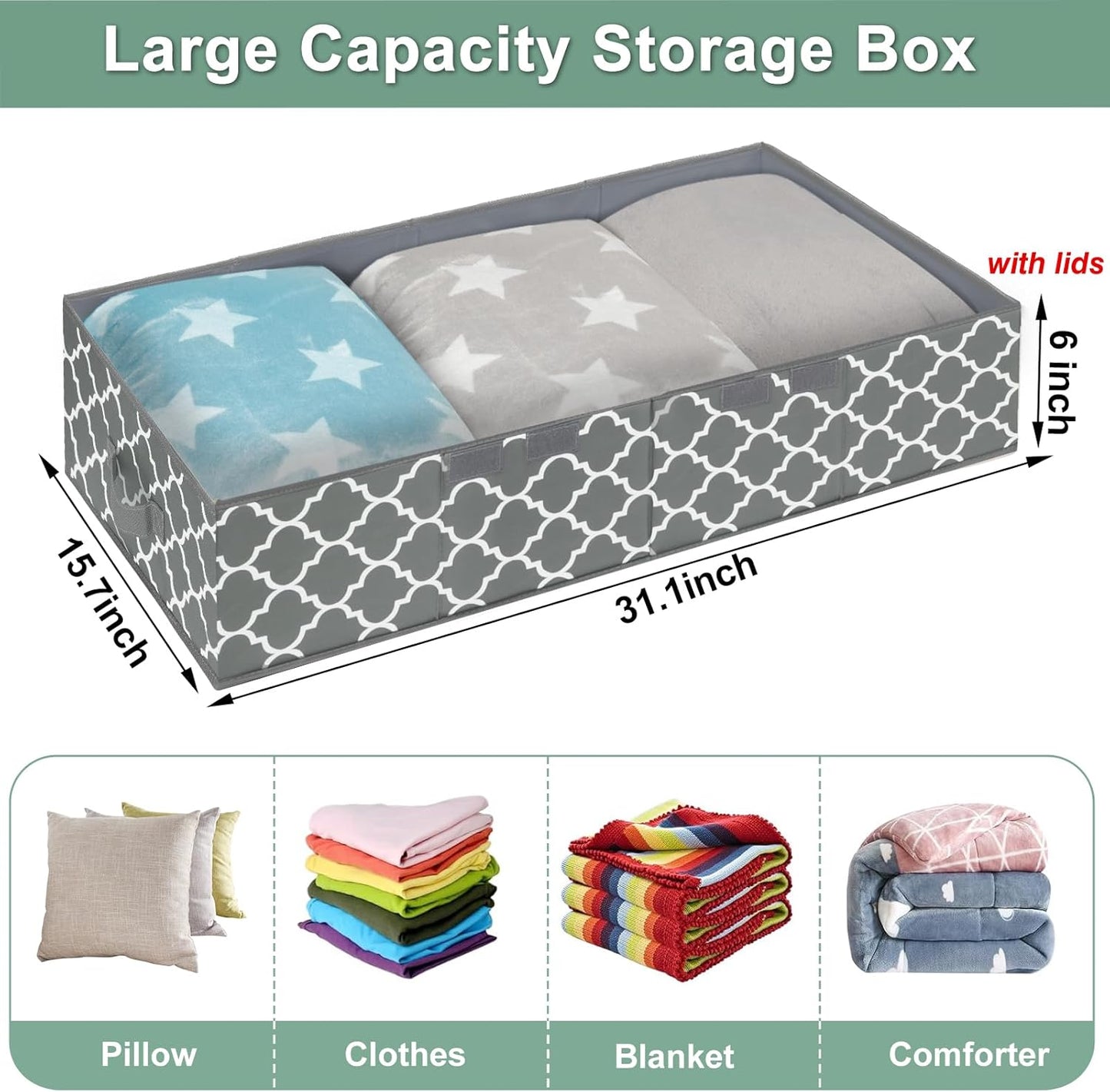 punemi Under Bed Storage Containers Bins With Lids, 6 Inches Tall Flat Underbed Clothes Storage W/Sturdy Sidewalls & Bottom, Low Profile Under Dorm Bed Storage Drawers With 3 Handles (Lantern Pattern)