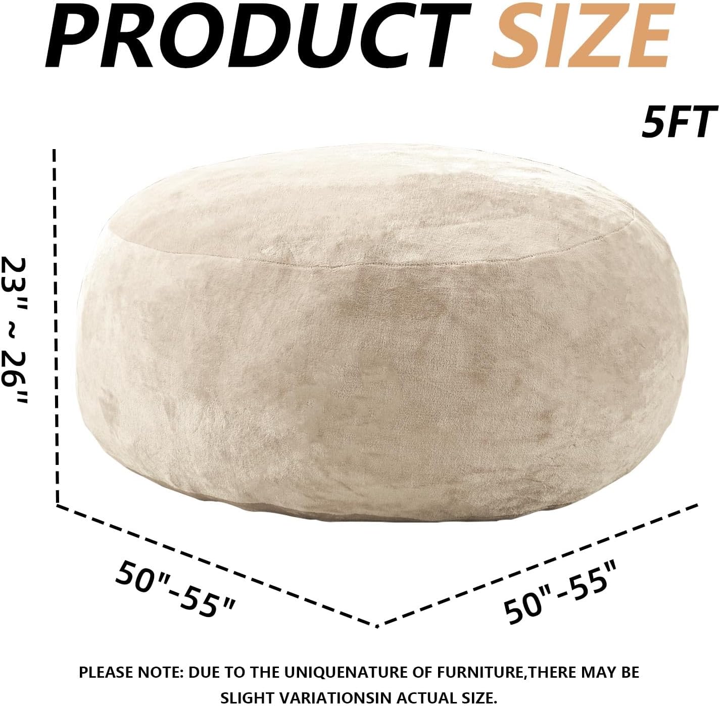 5FT，Big Bean Bag Chairs for Adults，Large beanbag with Filler Included，Memory Foam Material，Easy to Clean and Washable Corduroy Fabric，Suitable for Living Room and Bedroom (Apricot, 5 Foot)