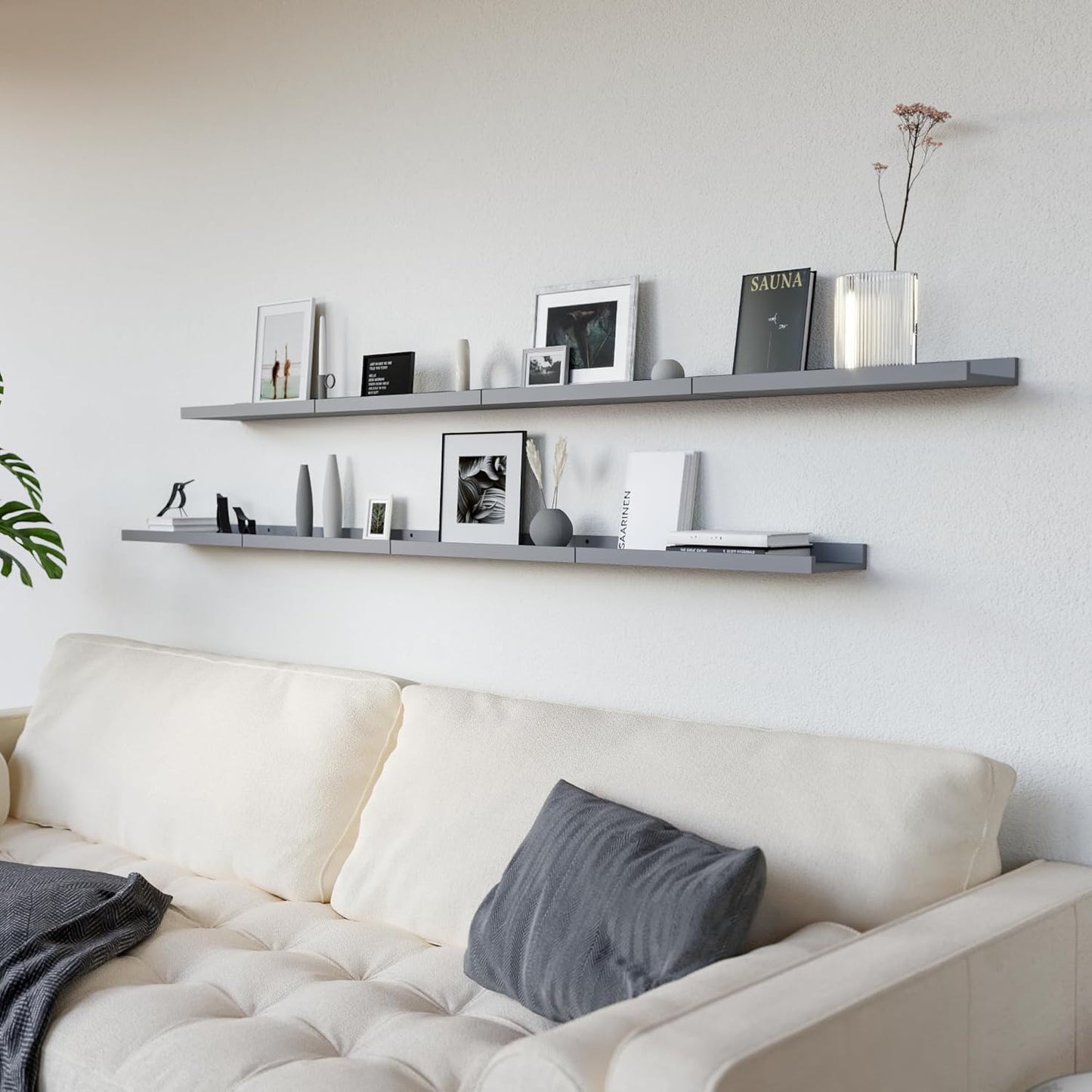 RICHER HOUSE 8 Set Floating Wall Mounted Shelves, Nursery Hanging Book Shelves with Lip for Storage, Gray Display Picture Ledge Shelf for Bedroom Bathroom Kitchen Living Room Wall Decor, Modern Grey