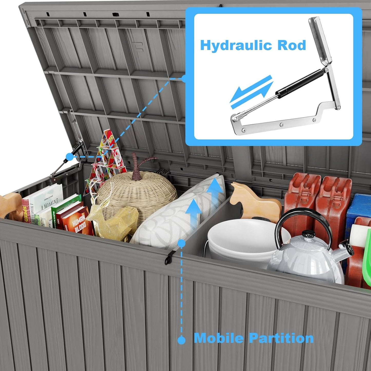 180 Gallon Deck Box,Resin Outdoor Storage Box with Lockable for Patio Furniture, Pool Accessories, Garden Tools Waterproof Outside Storage Box, Grey