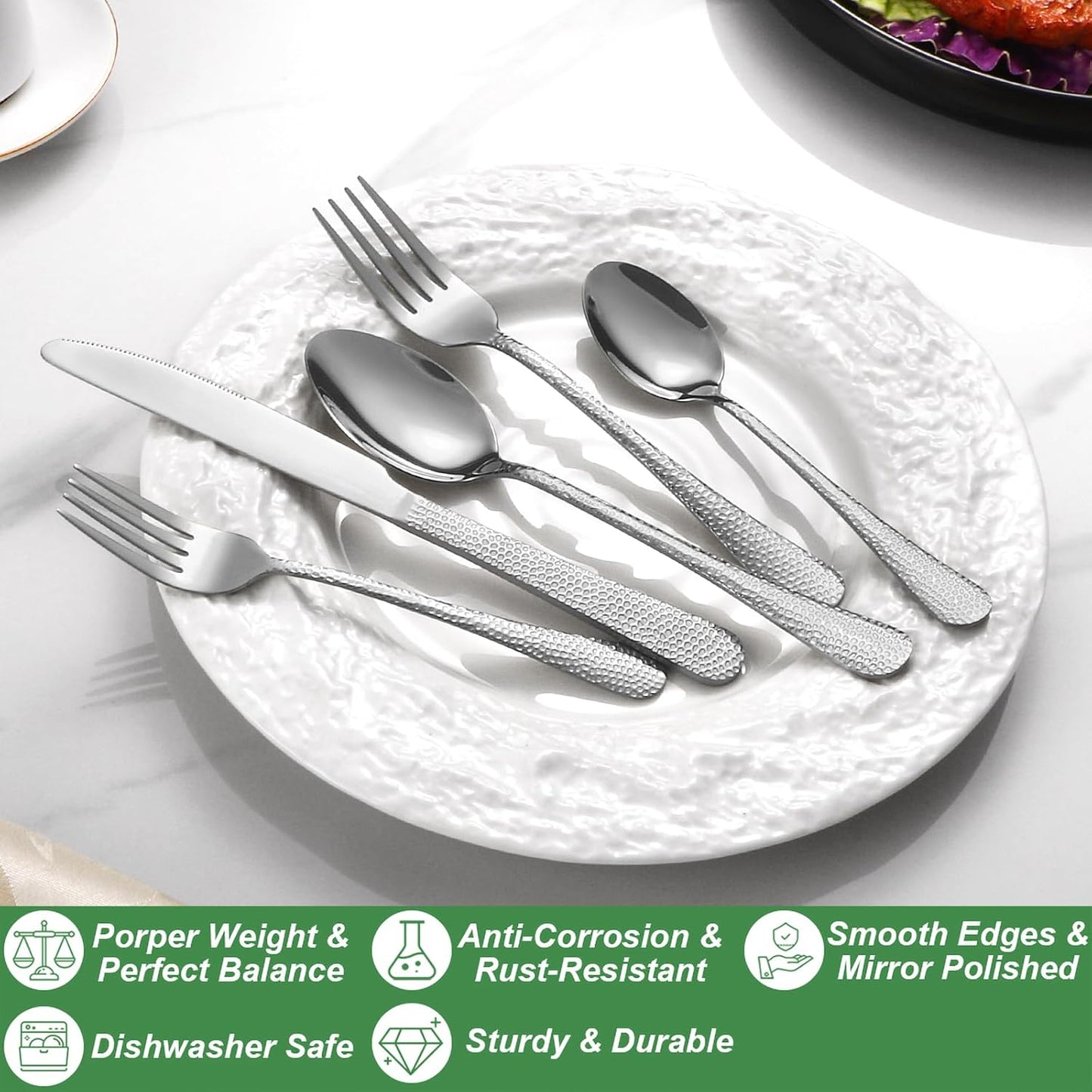 40 Pcs Silverware Set for 8 with Hammered Design, Food Grade Stainless Steel Flatware Set, Eating Utensils Sets Include Fork/Knife/Spoon, Reusable Cutlery Set, Dishwasher Safe