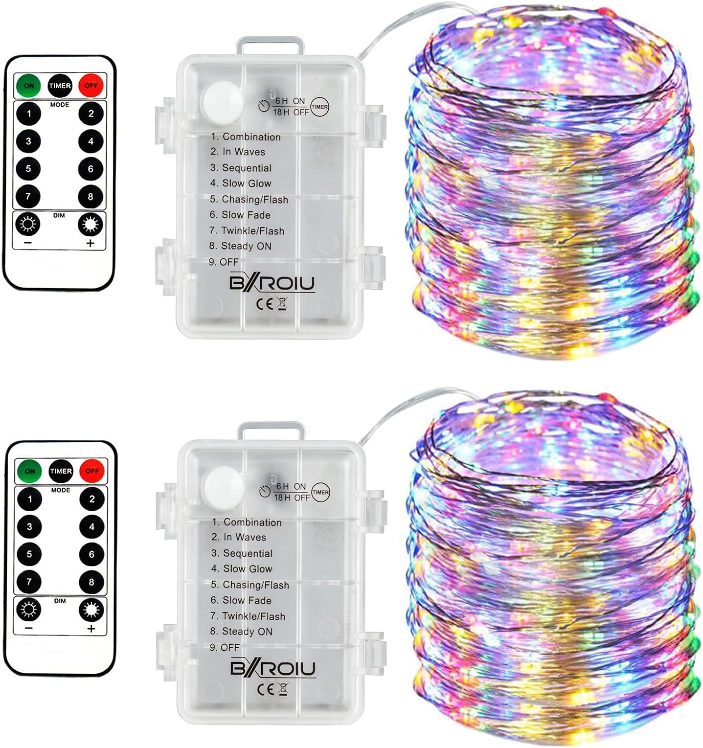 2 x Fairy Lights Battery Operated, Silver Wire Chains 8 Mode 5M 50 LEDs Timer String Lights with Remote Control for Bedroom Christmas Party Wedding Decoration (Multicolor)