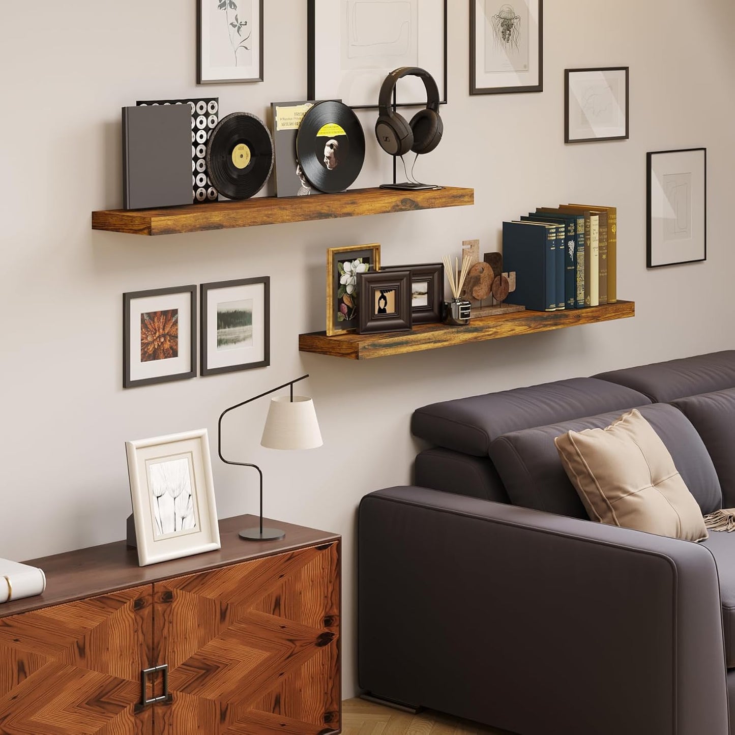 BAMEOS Floating Shelves, 31W x 7D Rustic Brown Wall Mounted Wooden Shelves with Invisible Brackets Set of 2, Hanging Wall Shelves Decoration for Bedroom, Bathroom, Living Room and Kitchen