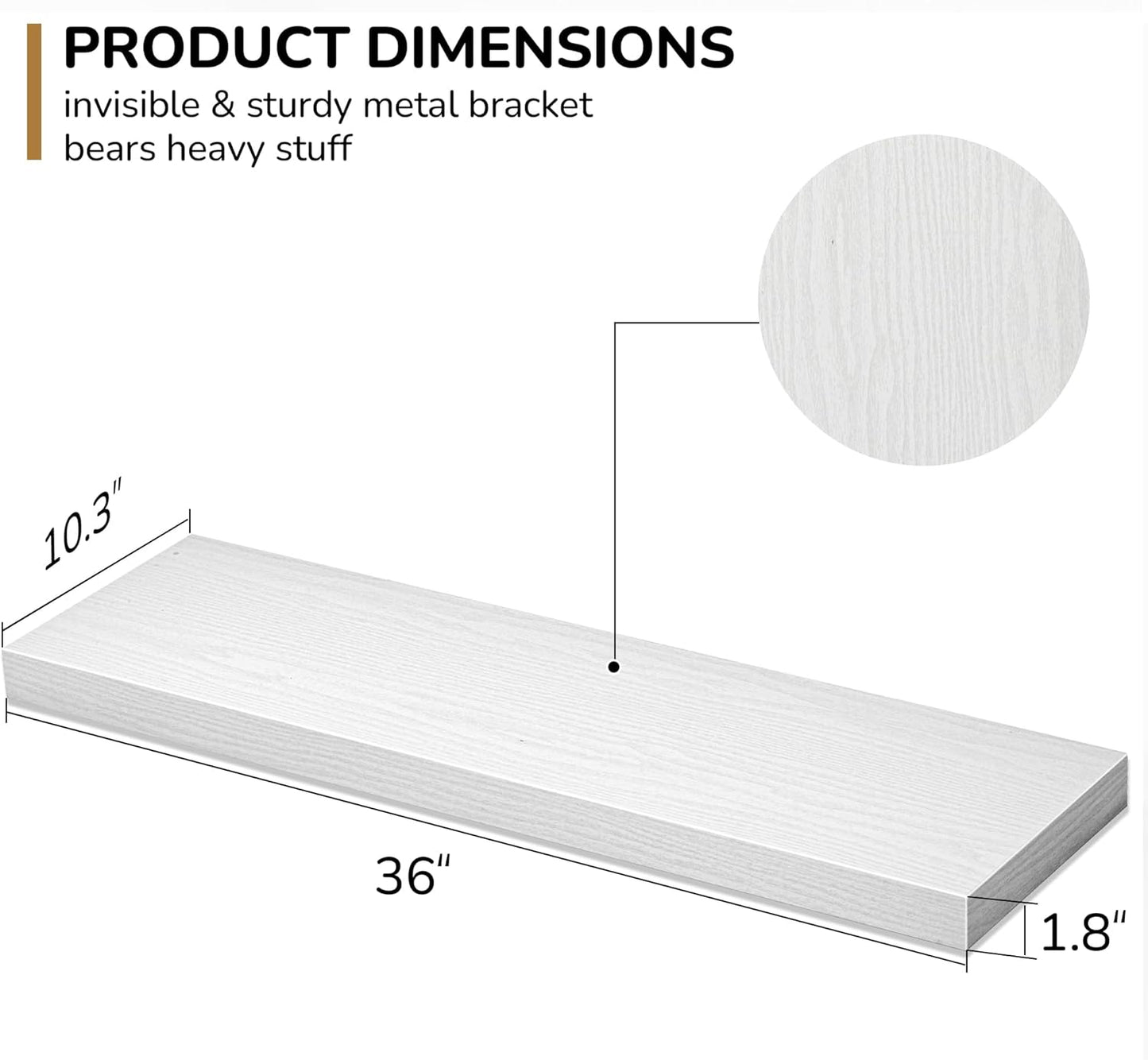 Floating Shelves - 10.3 Inch Deep Wall Shelf for Decor & Storage - Wall Mounted Display Shelving with Invisible Heavy-Duty Metal Bracket - 36" W x 10.3" D x 1.8" H - Set of 1 - Rustic White