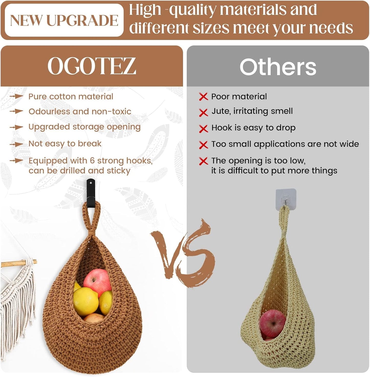 Hanging Fruit Baskets for Kitchen - 3 Pack Boho Wall Hanging Basket with 6 Pcs Strong Hooks, Handwoven Hanging Holder Teardrop Home Produce Basket for Fruits Vegetable Potato Onion Storage (Linen)