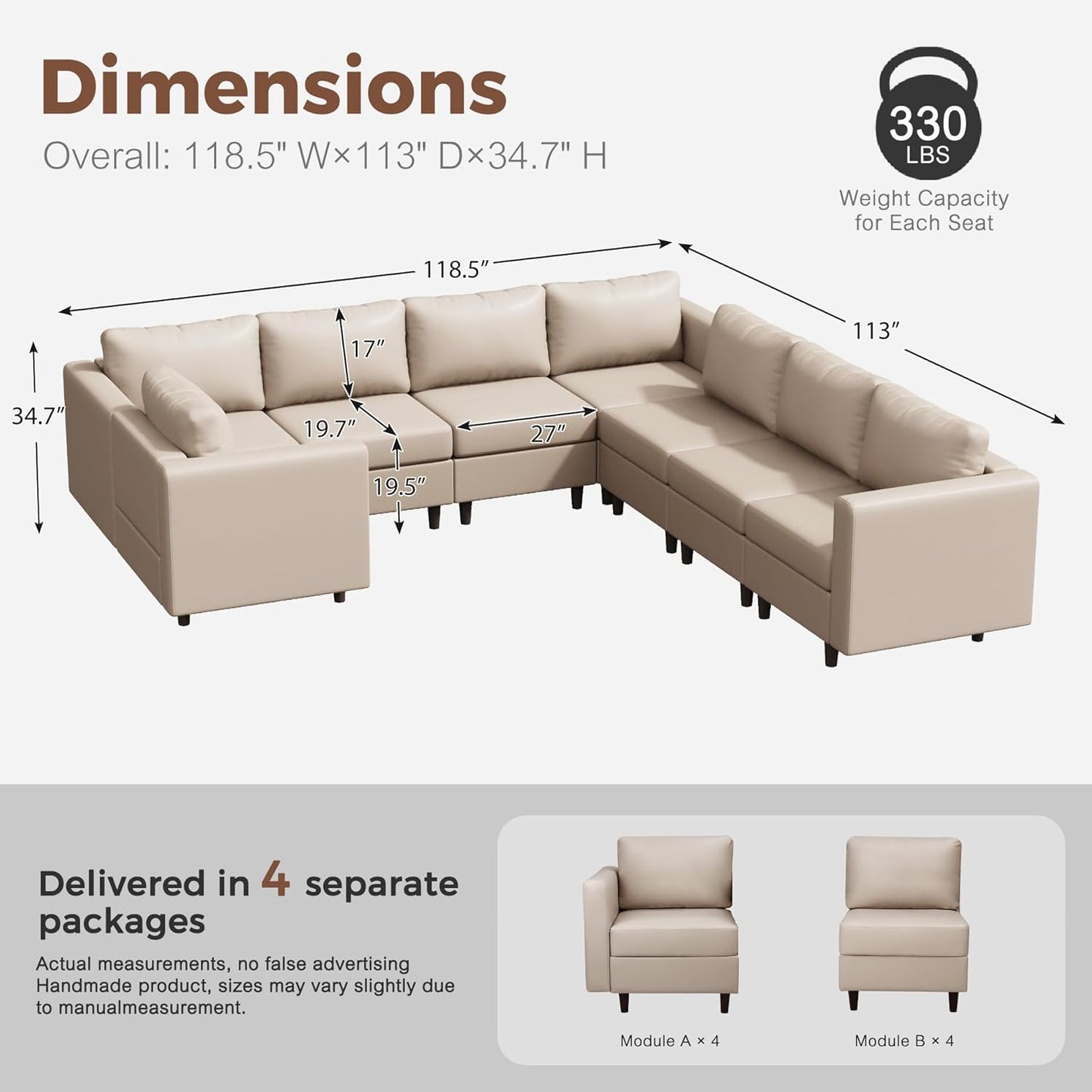 118.5" Faux Leather Modular Sectional Sofa, U Shaped Couch Set for Living Room, Large 8-Seater Comfy Cloud Couches with Storage Seat DIY Combination - Whitesand