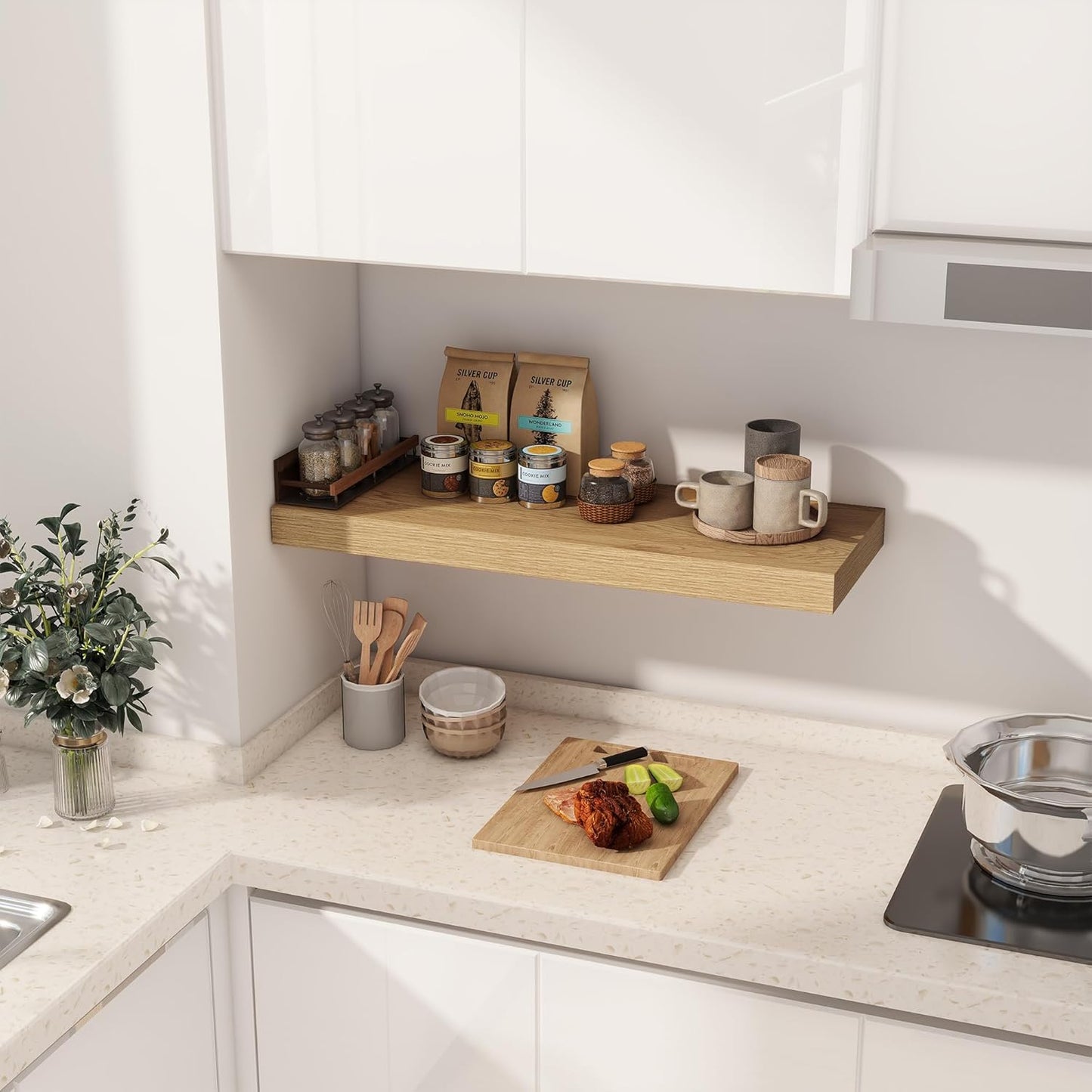 Floating Shelves 30 Inch Long, 12 Inch Deep Floating Shelf for Books, Rustic Wood 30 x 12 Storage Shelves for Wall Storage & Display, Thicked Wall Shelf for Kitchen, Living Room, Oak Color, 1 Pack