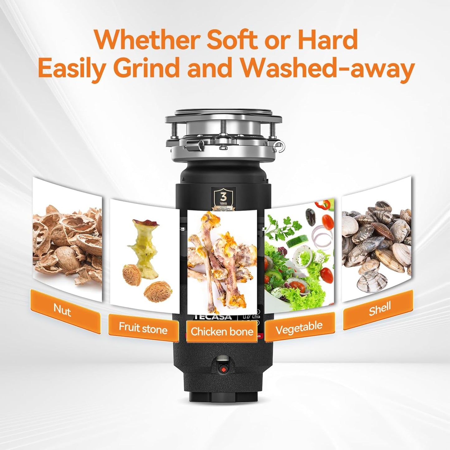 1/2 HP Garbage Disposal, TECASA Food Garbage Disposal with Power Cord, Stainless Steel Grinding System and 3-Bolt Mounting, Continuous Feed Compact Garbage Disposals, UL Certified, Taskmaid Series 50