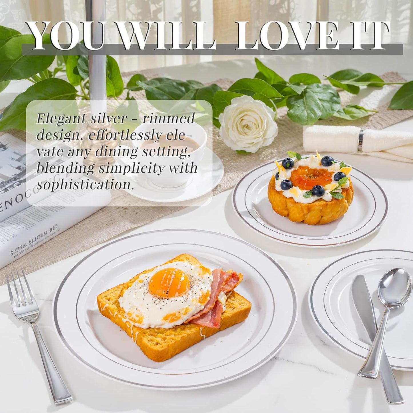 350 Pcs Silver Plastic Plates - Silver Dinnerware Set of 50 Dinner Plates 50 Dessert Plates 50 Silverware 50 Napkins 50 Cups for Party&Wedding