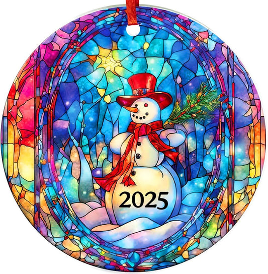 Jabihome Christmas Ornaments 2025, Exchange for Women, Men, Collectible Dated Year Ornaments for Tree, Unique Acrylic Suncatcher, Printed Stained Glass Effect Decor (Snowman Art)