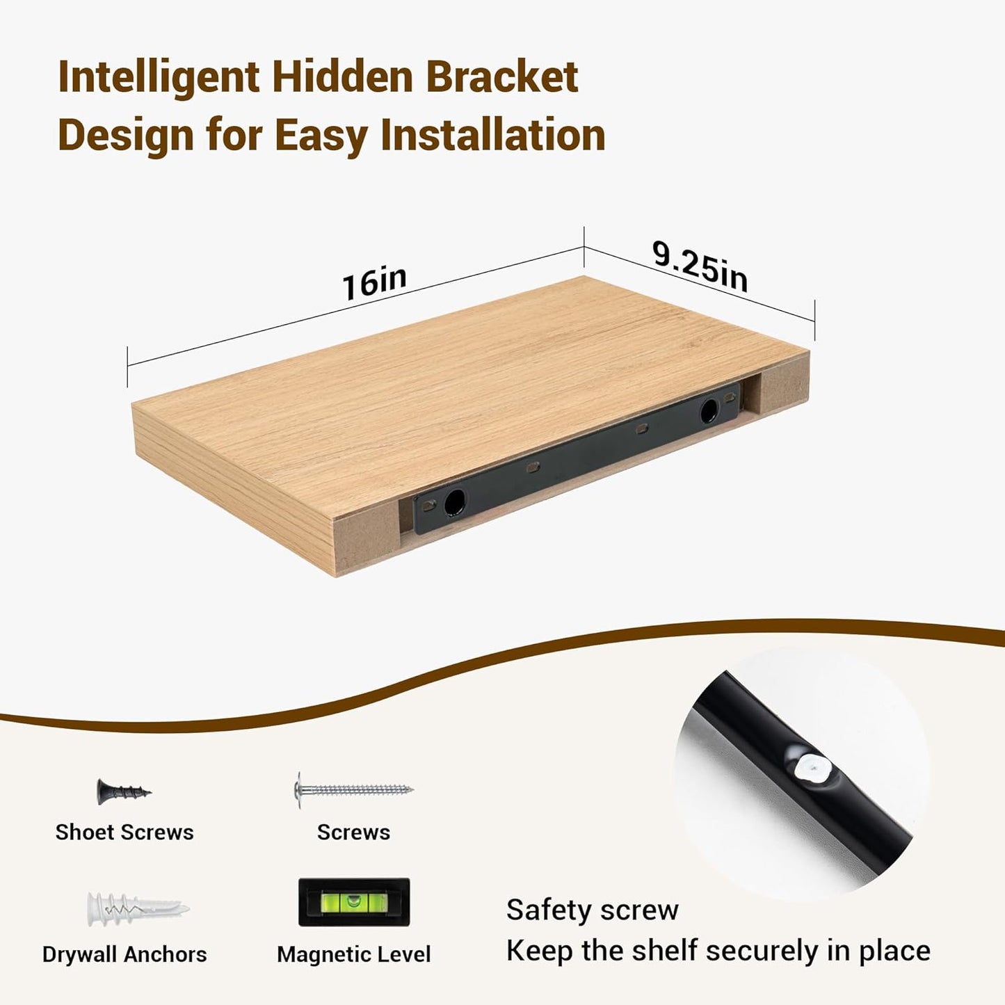 16 Inch Floating Shelves, 3D Textured Wood Grain, 16"x9.25"x1.5" Inch Deep Floating Shelves for Wall, Wooden Shelves for Bathroom, Bedroom, Living Room, Natural