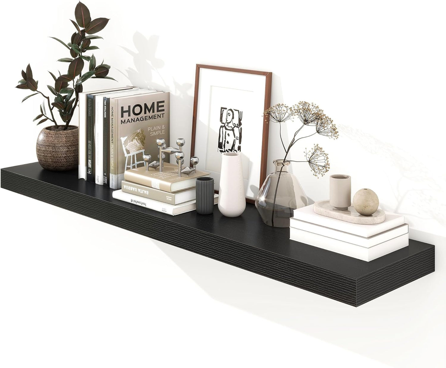 Black Floating Shelves for Wall - 55 Inch Wide x 12 Inch Deep Wall Shelves Set of 1 - Rustic Black Wood Shelves for Living Room, Bathroom, Laundry Room, Bedroom, Kitchen, Home Office