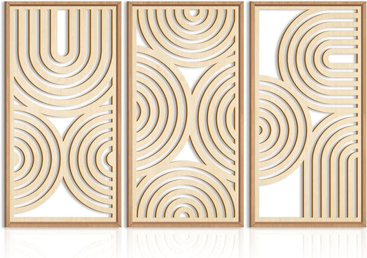 IARTTOP Large Boho Wood Wall Art Set of 3 Framed Wooden Mid-century Modern Wall Decor Minimalist Modern Abstract Geometric Decor for Living Room Bedroom Office-16x32 Inch