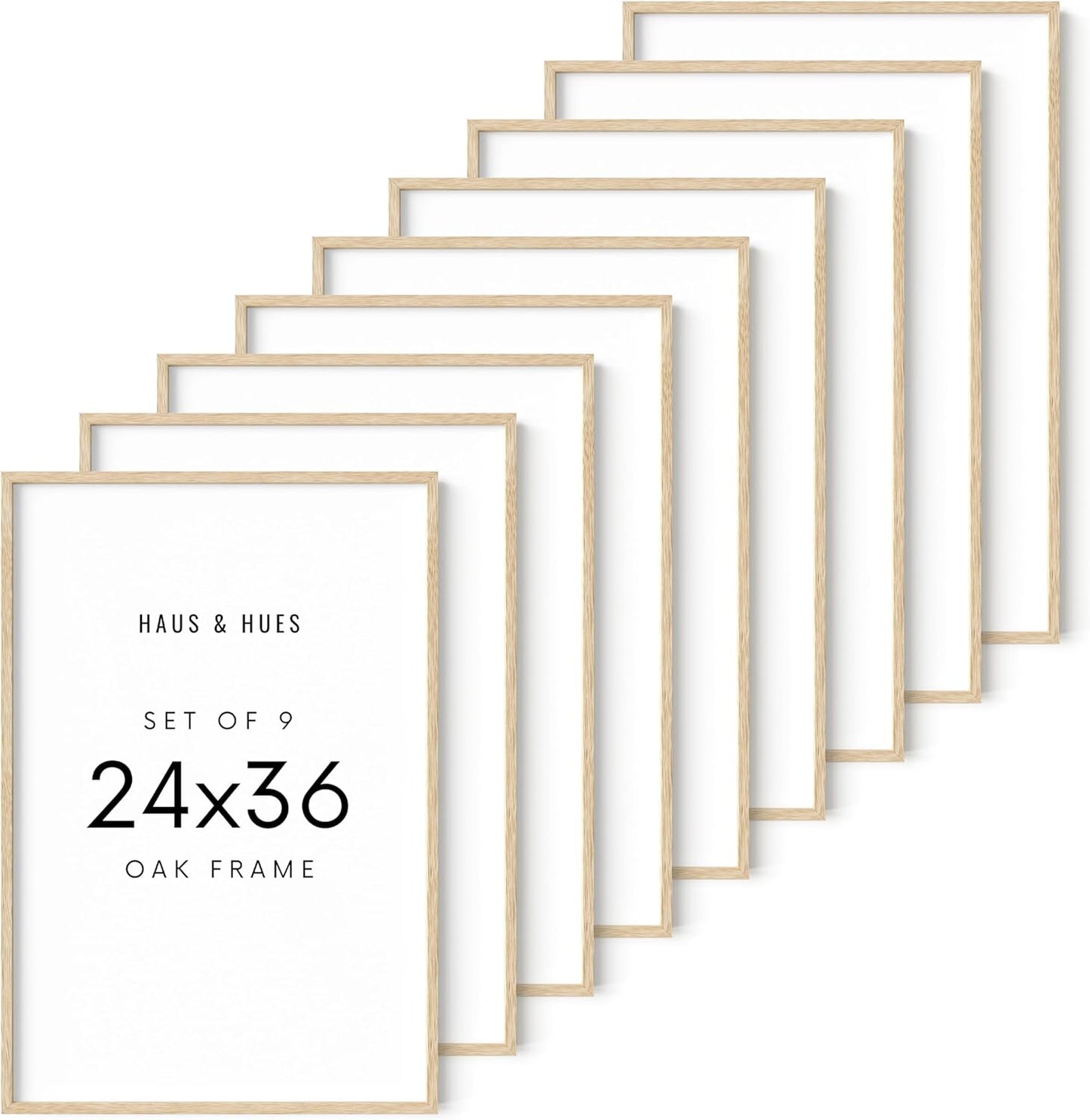 HAUS AND HUES Square Picture Frames 24 x 36 Set of 9 - Photo Gallery Wall Frame Set, Wood 24x36 Frames, 24 x 36 Frames Gallery Wall Set, 24x36 Frame with Mat, Square Frames 24x36 (Beige Oak Frames)