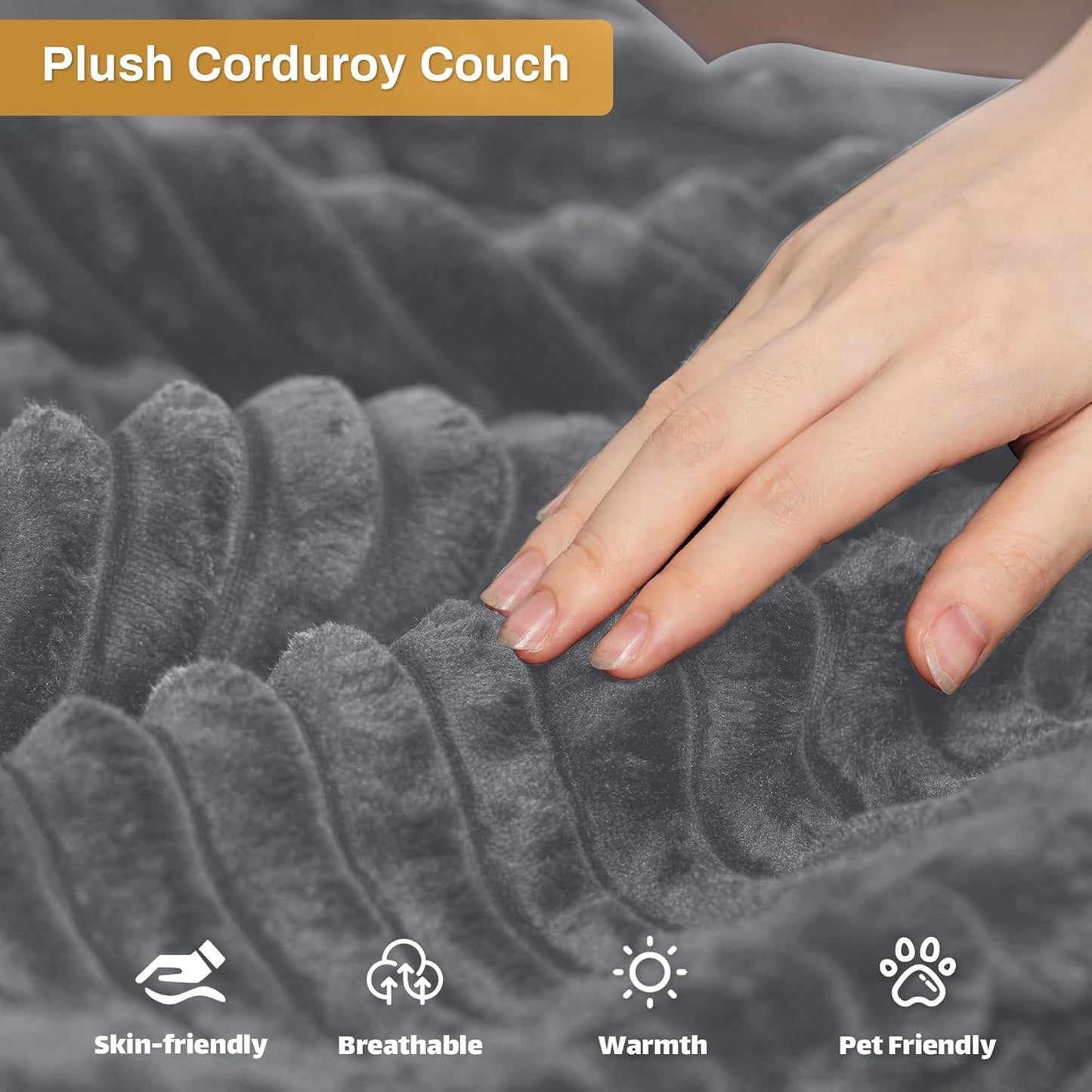 HYJT-H&K Modular Sectional Sofa Cloud Secttional Couch, 132" Comfy U Shaped Couches for Living Room, Deep Seat Memory Foam Fluffy Plush Corduroy Boneless Couch Sectionals with Chaise, Grey