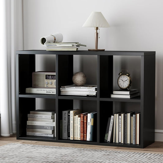 6 Cube Storage Organizer, Black Bookshelf with Storage, 2 Tier Storage Cubes, Freestanding Storage Organizer with Shelves for Living Room, Study