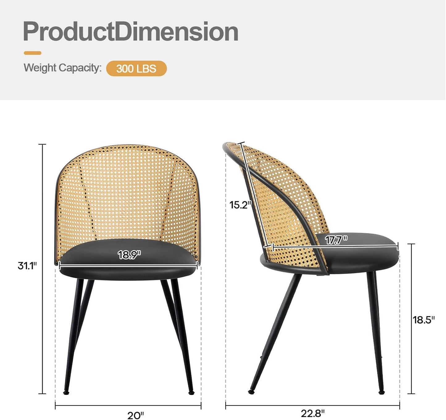 Dining Chairs Set of 4, Mid Century Modern Dining Room Chairs with Full Rattan Back, Faux Leather Kitchen Dining Chairs Farmhouse Armless Mesh Cane Back Side Chairs with Metal Legs, Black