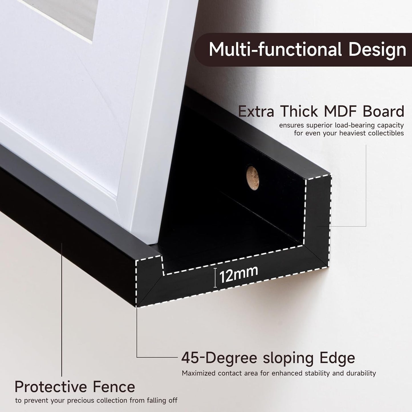 Floating Picture Ledge Shelves for Wall Set of 2, 72 Inches Picture Ledge Shelf with Long Large Nursery Book Shelf for Toys Storage Kids Bookshelf Wall Mounted Living Room Bedroom Decor Frames, Black