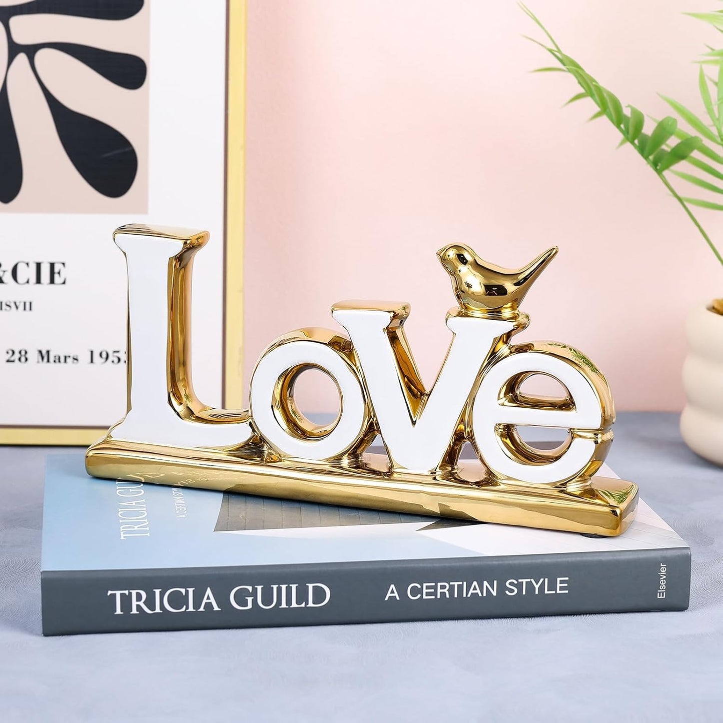 Love Sign Decoration - White & Gold Modern Bird Sculpture Statue, Personalized Love Decor for Living Room, Bedroom, Desktop