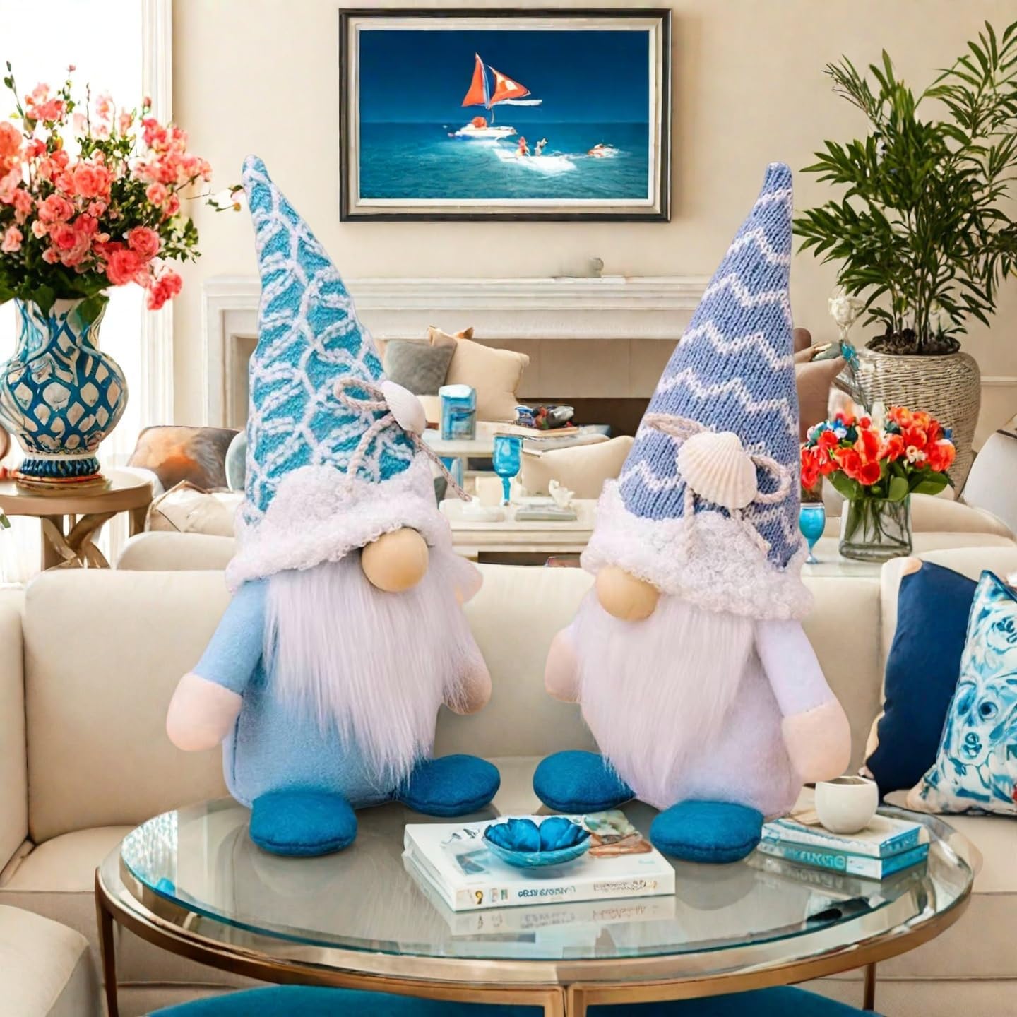 Summer Gnomes Decorations, Beach Gnomes Plush Decor for Home Ocean Day Gnome Tiered Tray Decor Handmade Tomte Swedish Nisse Scandinavian Elf Dwarf,Birthday Gnome Gifts, Blue