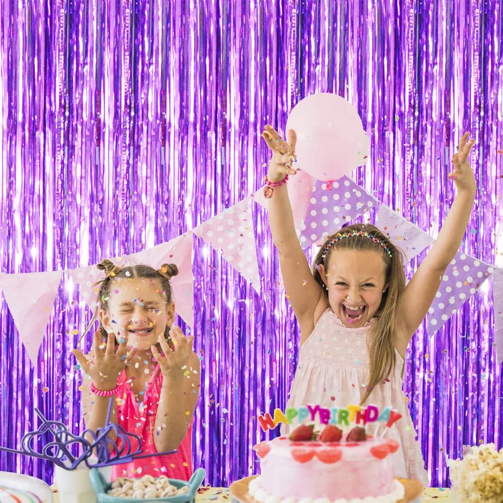 GOER 3.2 ft x 8.2 ft Metallic Tinsel Foil Fringe Curtains Party Photo Backdrop Party Streamers for Halloween Birthday,Graduation,New Year Eve Decorations (5 Packs,Purple)