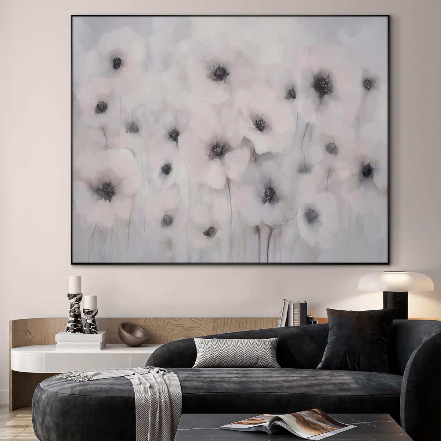 46"x60" Extra Large Framed Wall Art Soft White Poppies Watercolor Floral, Delicate Botanical for Home Living Room Bedroom Decor (Frame Assembly Required)