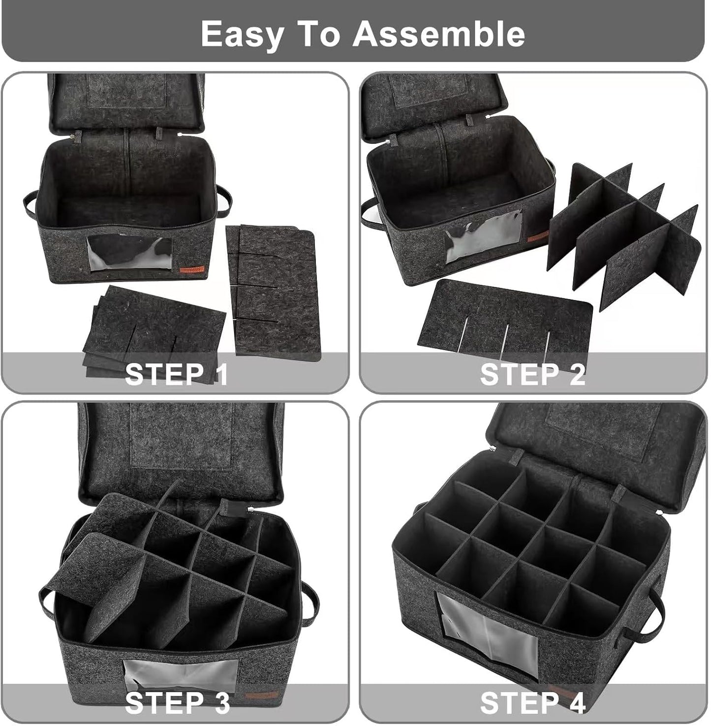 2 Pack Wine Glass Storage Box with Dividers, Stemware Storage Containers for Packing and Moving, China Storage Containers Box for 12 Crystal Glassware, Wine Glasses, Drinkware,Dark Gray