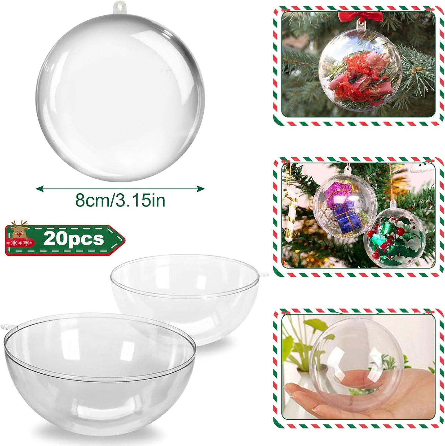 20PCS Christmas Ornaments,8CM Clear Plastic Ornaments Balls,Clear Christmas Ornaments for Crafts,Acrylic Fillable Christmas Tree Ornament Balls for DIY,Wedding,Party and Valentine's Day(L-8CM)