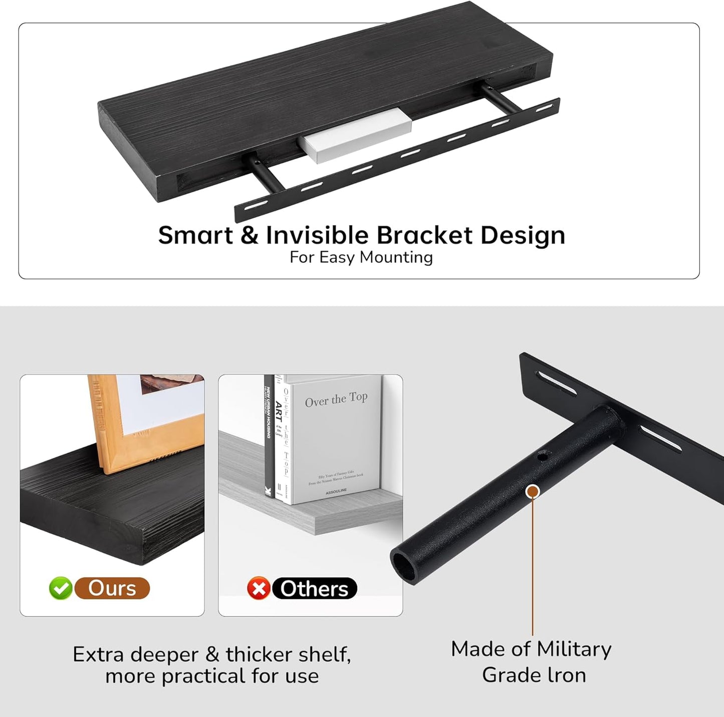 Floating Shelves for Wall, USA-Sourced Fir Wood 24 Inch Wall Shelves Set of 2, Natural Rustic Solid Wooden Floating Shelves Wall Mounted, Nursery Book Storage Shelf, Display Shelf for Bathroom