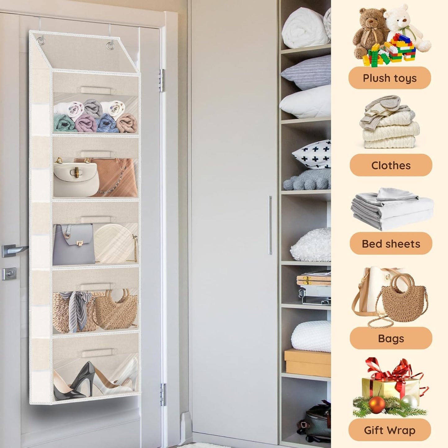 Over the Door Organizer with Drawers, 5 Tier Hanging Storage with Removable Bins & 10 Side Pockets, Over Door Closet Organizer for Baby Items, Yarn, Bed Sheets, Clothes, Toys, Towels – Beige