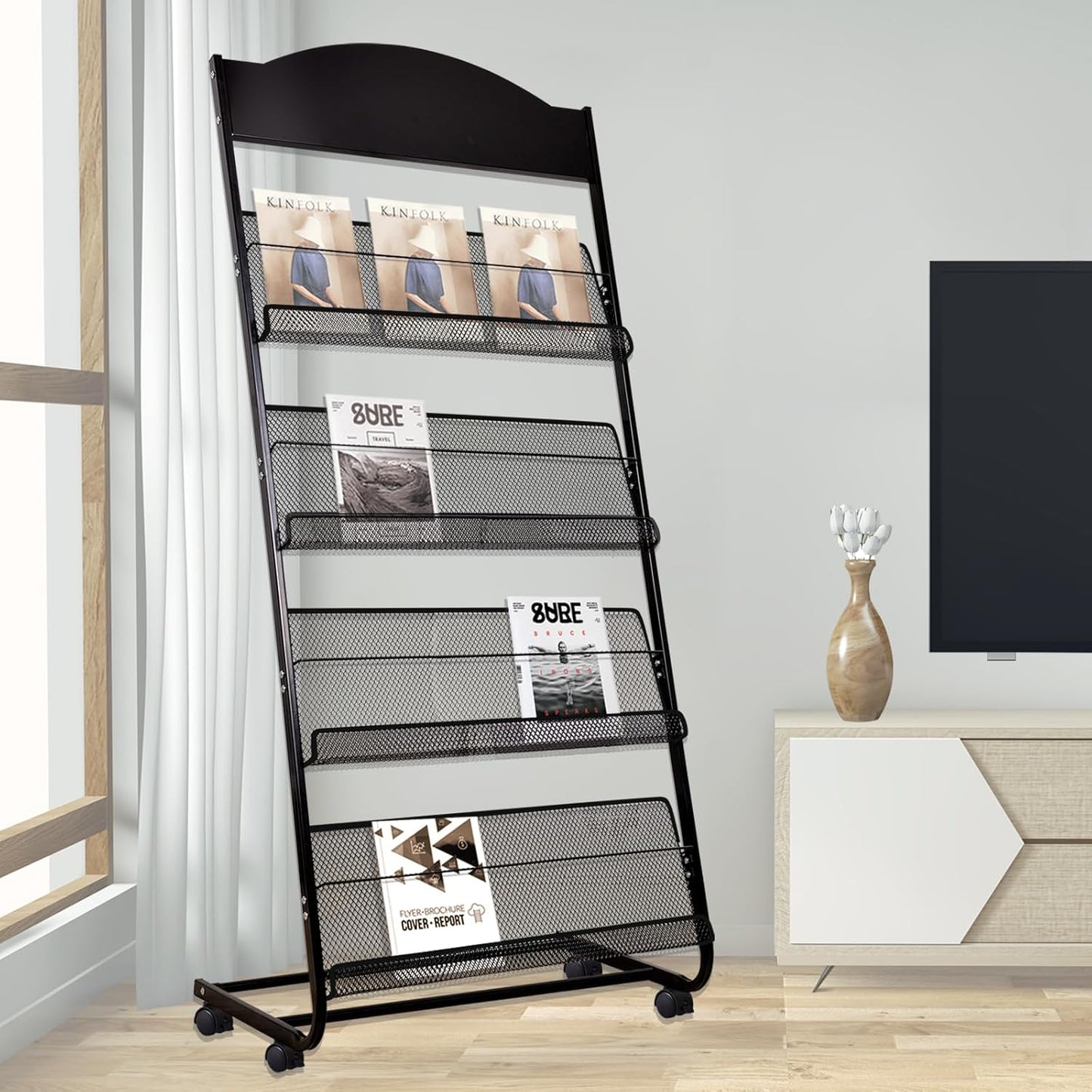 Floor-Standing Magazine Rack, 4-Layer Brochure Display Stand Tiered Design Magazine Stand Detachable Magazine Display with Casters for Exhibitions, Shopping Malls, Hospitals, Offices