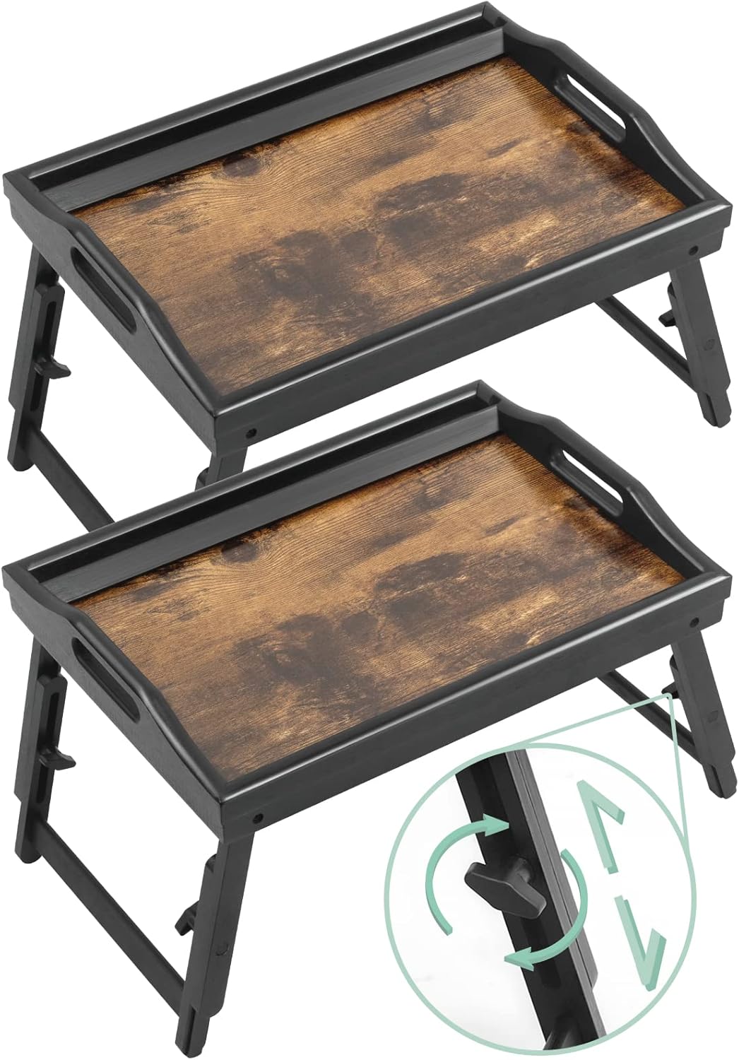 2 Pack Bed Tray Table Breakfast Trays Serving Tray Adjustable Height for Eating Bamboo Bed Laptap Floding Legs with Handles and Phone Holders