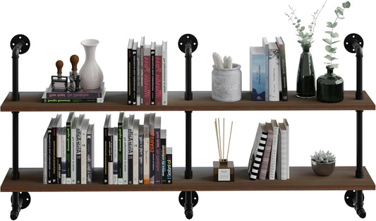 Industrial Pipe Wall Shelves Pipe Shelving with Real Wood Plank ,60 Inches Floating Shelves for Wall Farmhouse Pipe Book Shelves Dark Brown 2 Tier for Kitchen,Living Room Decor and Bar Shelving