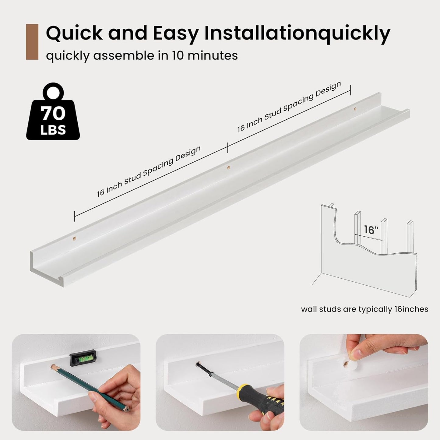Picture Ledge Shelf, Solid Pine Wood Floating Shelves Set of 2, 40 Inches Nursery Book Shelves for Toys Storage, Kids Bookshelf Wall Mounted for Living Room Bedroom Decor Books Photo Frames, White