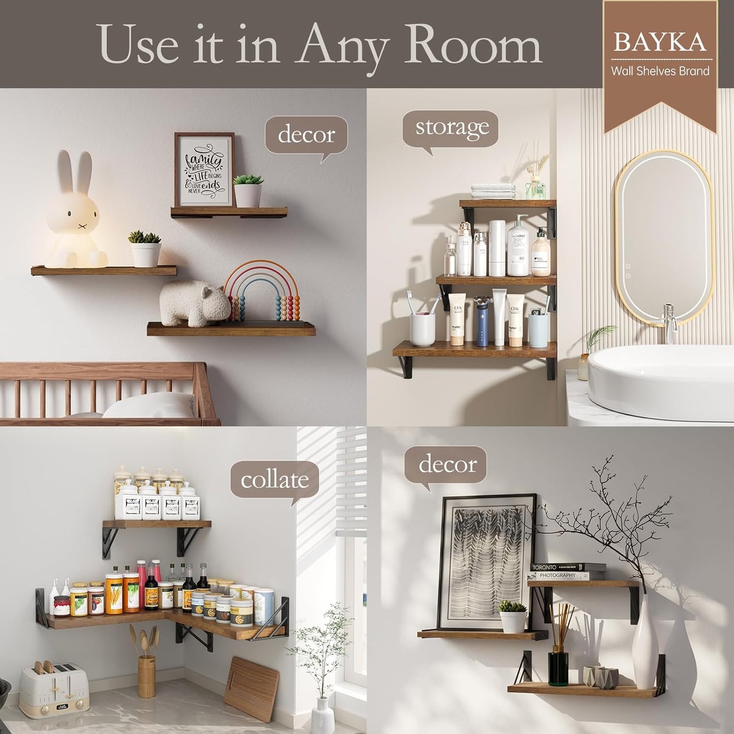 BAYKA Floating Shelves for Wall, Book Shelf for Bedroom, Wall Decor Shelves for Living Room Kitchen, Mounted Wood Floating Shelf for Home Decor, Corner Shelf for Bathroom, Office(Set of 3)