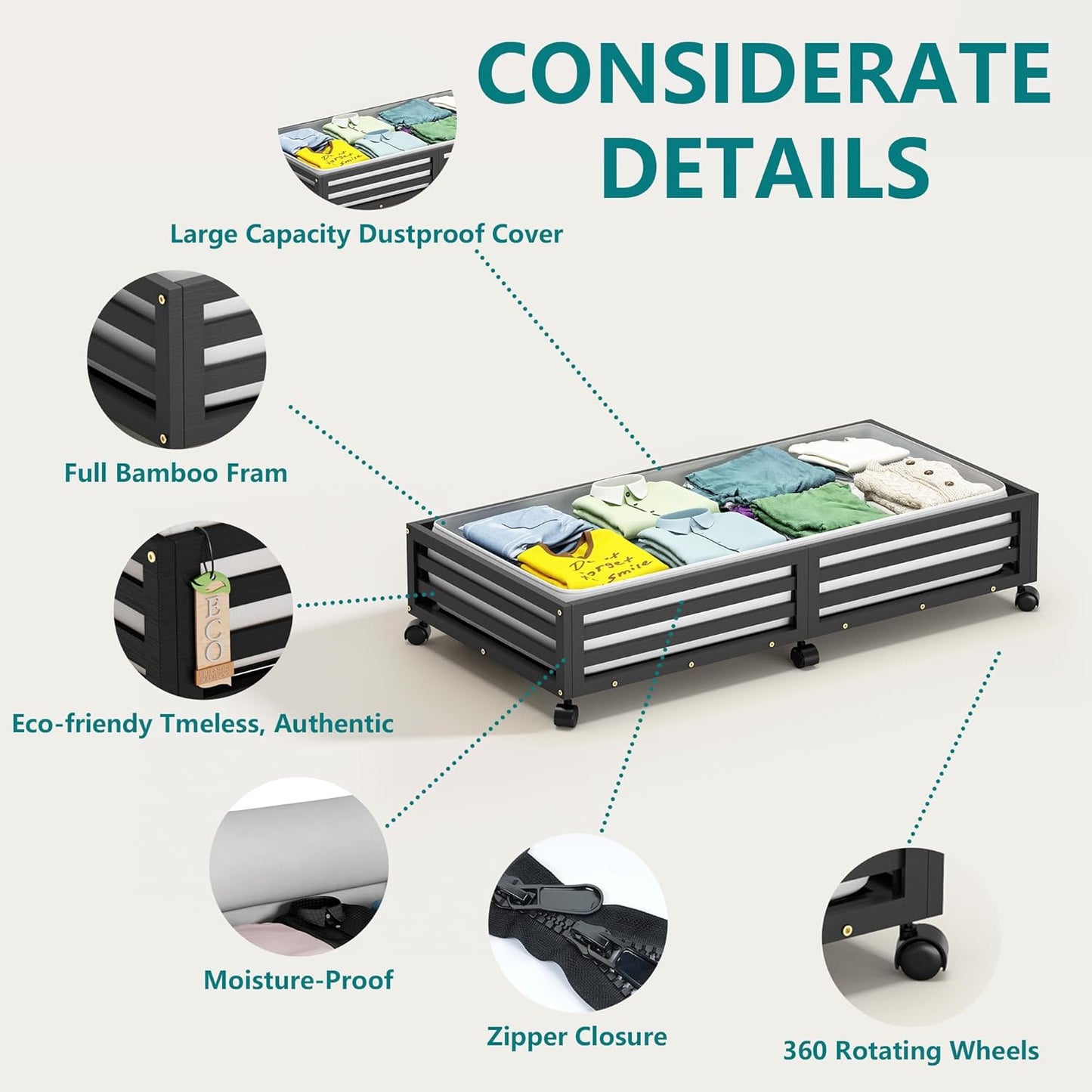 Bamboo Under Bed Storage Containers- Underbed Organizer with Wheels with Large Dust Bag,Sturdy Wood Rolling Under the Bed Shoe Storage Organizer Drawer 2 Packs (Black, Long)