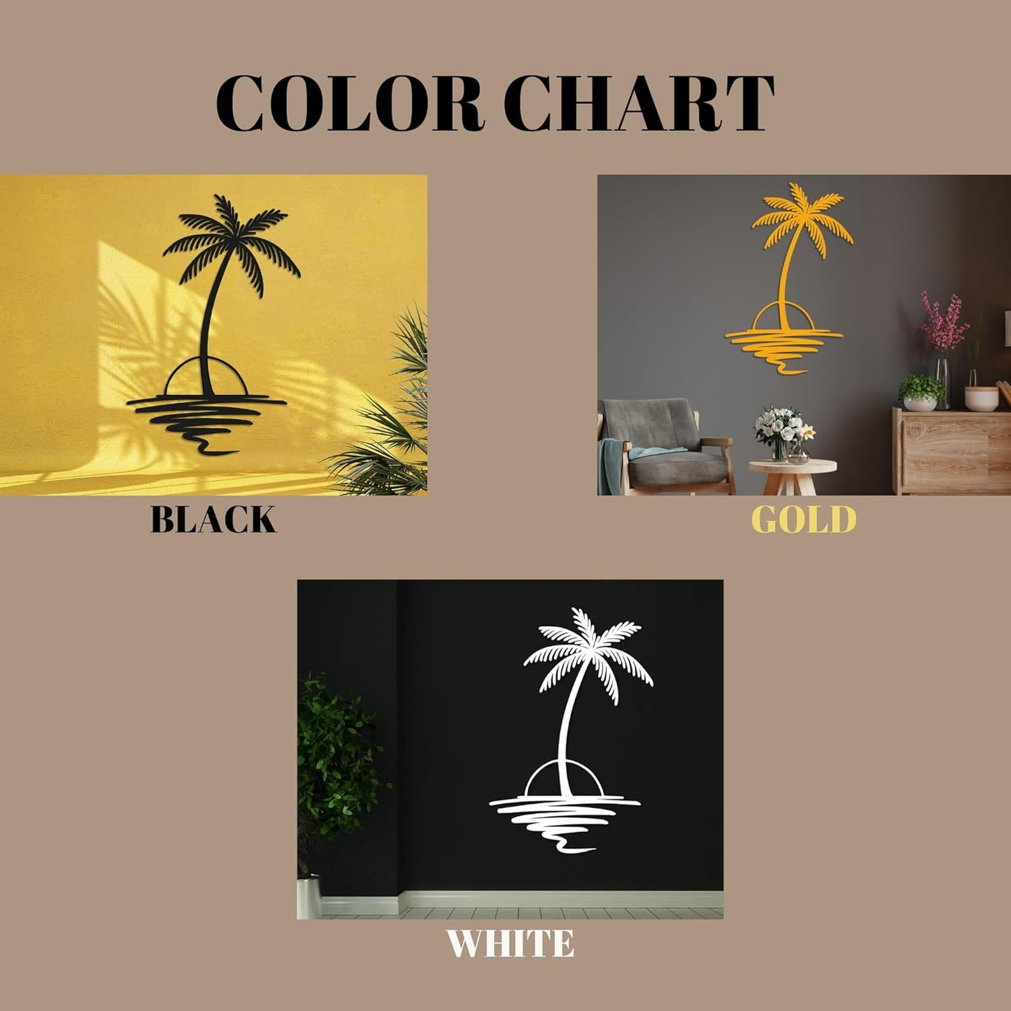 Metal Palm Tree with Sunset Wall Art, Large Outdoor Wall Decor, Tropical Beach Coastal Decor for Living Room, Bedroom, Garden Home Wall Sign, Perfect Metal Wall Art for Beach House, Coastal Theme, and Home Decoration (White, 48 x 40 inches)