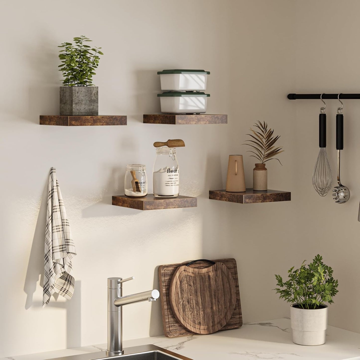 Square Floating Shelves for Wall, 10"W x 10"D x 1.2"H, Small Wooden Wall Mounted Display Shelf with Invisible Brackets for Living Room, Bedroom, Bathroom, Kitchen Decor, Set of 4, Rustic Brown