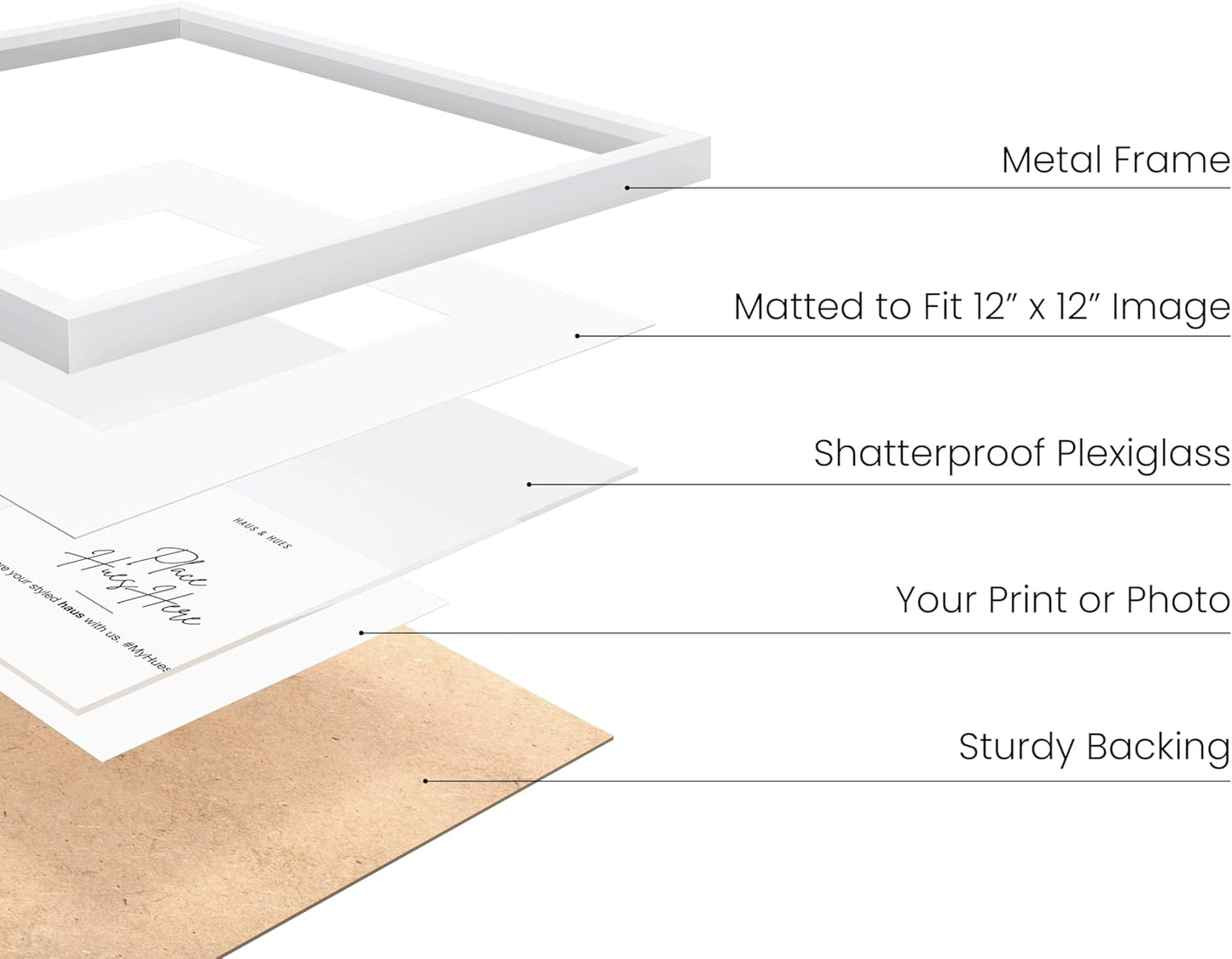 HAUS AND HUES 16x16 White Metal Picture Frames Matted to 12x12 - Features Premium Aluminum & Hanging Hardware, Shatterproof Plexiglass - Ideal for Home, Room, Office (16x16 in, White, Set of 15)