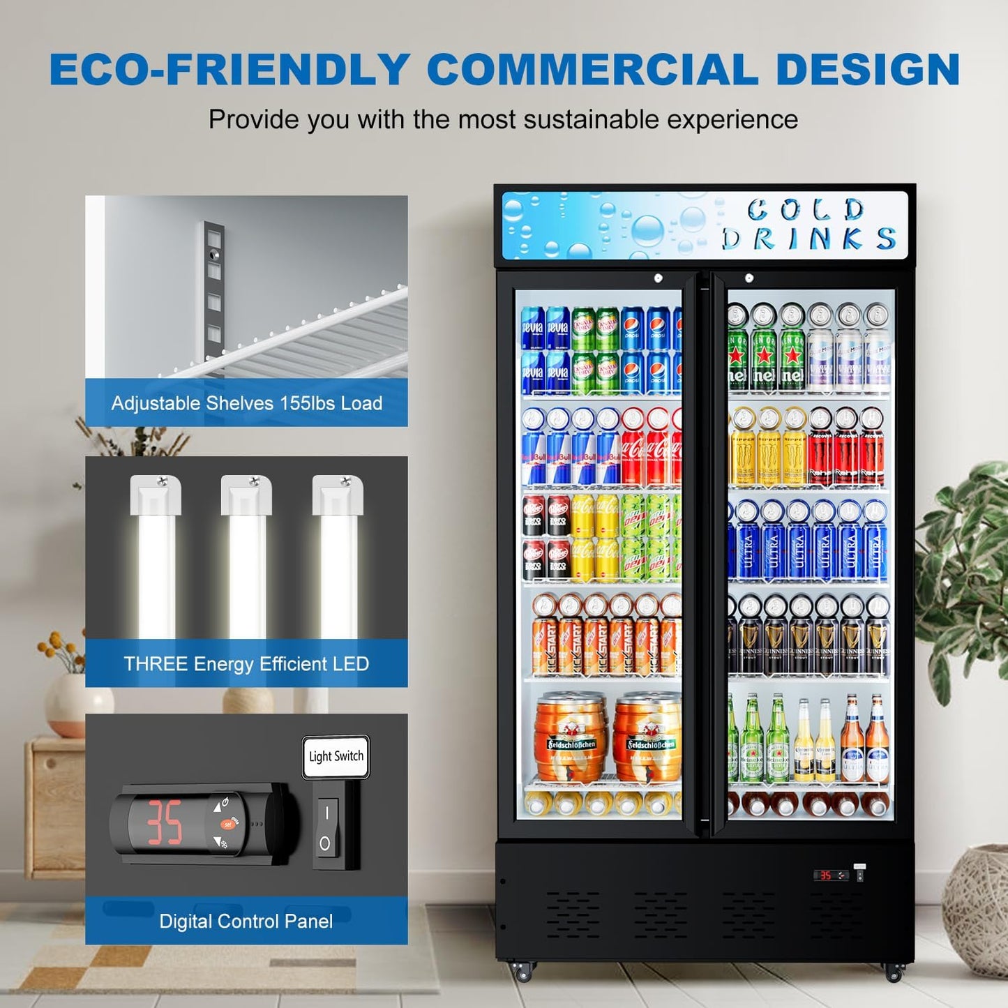 30 Cu.ft. Commercial Beverage Refrigerators Glass Door Refrigerator Upright Display Cooler with Soft LED Light and Adjustable Shelves for Restaurant Grocery Stores Home