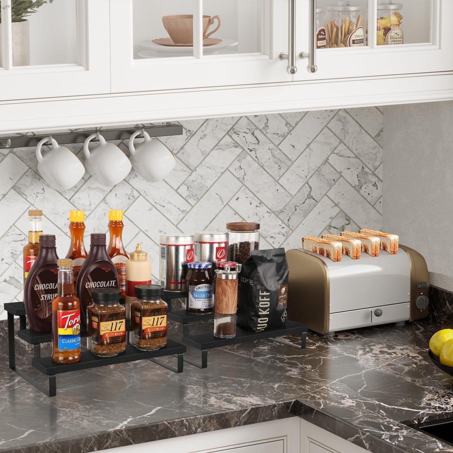 YINMIT Wooden Display Riser Stand, Tiered Perfume and Cologne Organizer Stand, 3 Tier Spice Rack Organizer, Rustic Display Shelf for Candles (3 Tier,2Pack,Black)