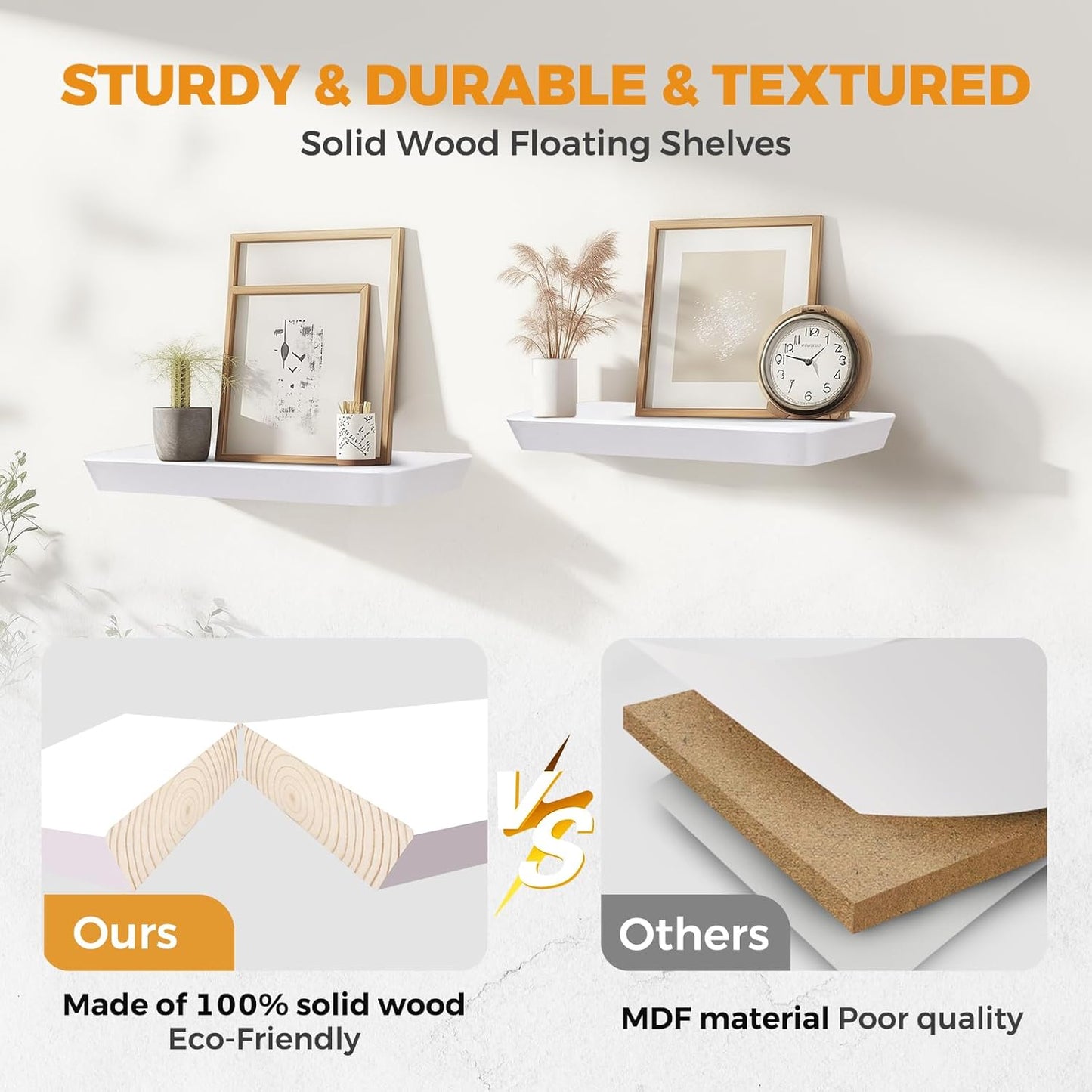 24"x6.8"x1.6" Slanted Floating Wall Shelves 2-Pack - Rustic White Finish, Heavy-Duty Solid Wood Design with Hidden Brackets - Perfect for Living Room, Kitchen, Bathroom, or Office