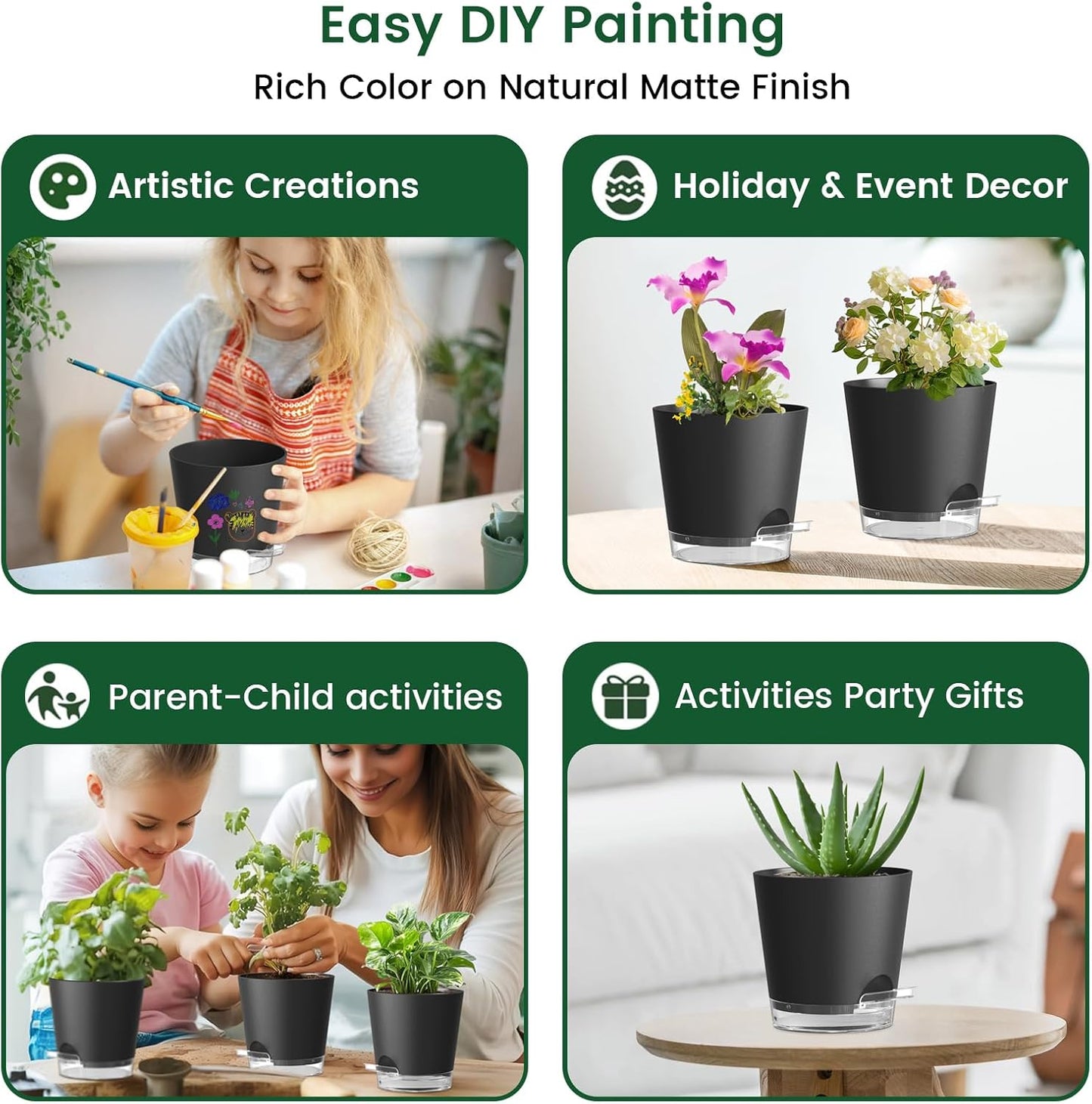 6 inch Self Watering Pots for Indoor Outdoor Plants, 6 Pack Flower Plant Pots with Drainage Holes and Clear Reservoirs, Visible Water Level, Plastic Planters with Wicking Rope, Black