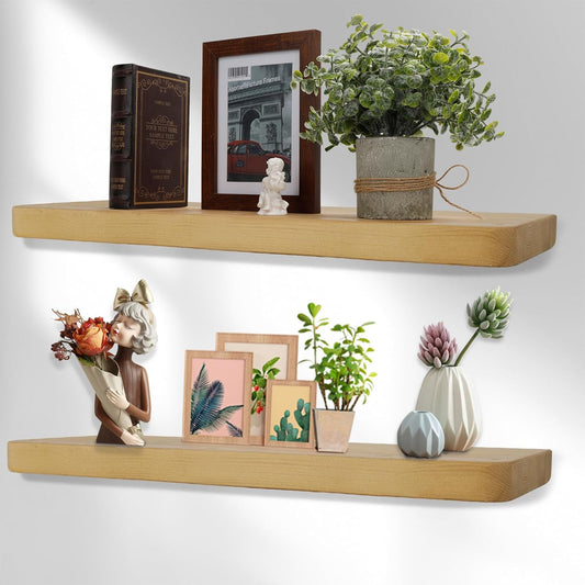 Solid Wood Floating Shelves Set of 2 - Natural, Warp & Crack Resistant 35.43 Inch Wall Shelf with Invisible Brackets Thicker, More Durable for Bathroom, Bedroom, Kitchen, Living Room (Wood, 35.43)